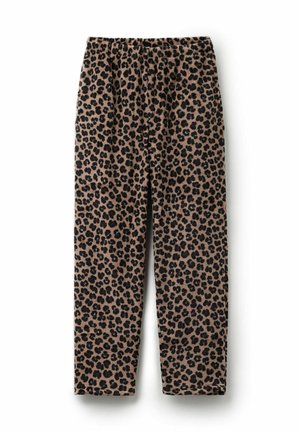 Leopard print trousers with an elastic waistband, made from soft fabric, featuring a light brown base with black spots throughout.