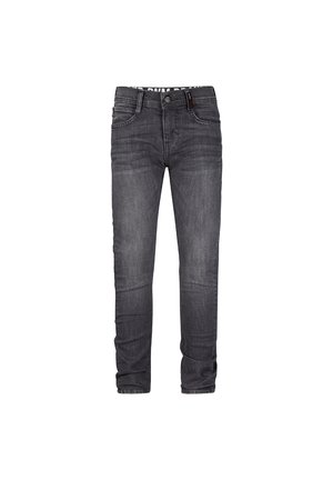 Dunkelgraue Jeans aus Denim, mit einer taillierten Passform, Fronttaschen und einer dezenten, verwaschenen Textur. Klassischer Fünf-Taschen-Stil.