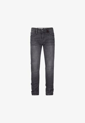 Jean gris foncé en denim, présentant un design ajusté, des poches frontales et une texture légèrement décolorée. Style classique à cinq poches.