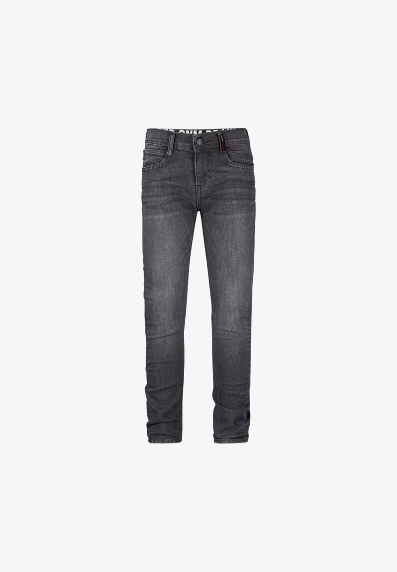 Jean gris foncé en denim, présentant un design ajusté, des poches frontales et une texture légèrement décolorée. Style classique à cinq poches.
