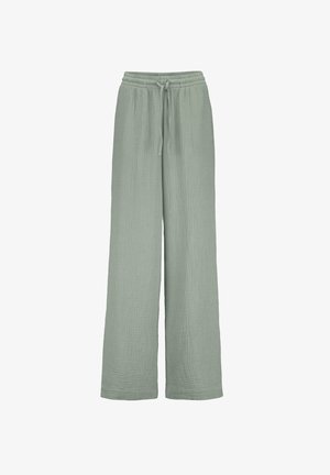 Hellgrüne Hose mit weitem Bein, elastischem Bund und Kordelzug, strukturierter Stoff, lässige lockere Passform.