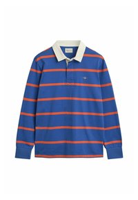 Langermet polo skjorte i blå med oransje striper, med hvit krage og brodert logo på brystet. Laget av bomull med glatt tekstur.