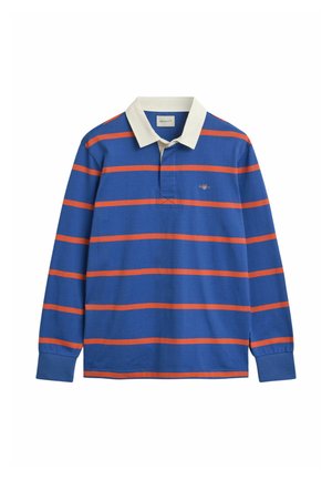Langarm polo shirt in blauw met oranje strepen, voorzien van een witte kraag en geborduurd logo op de borst. Katoenen materiaal met een soepele textuur.