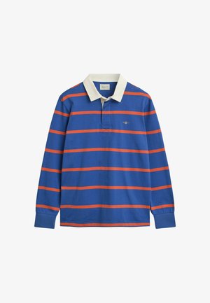 Langarm-Polohemd in Blau mit orangefarbenen Streifen, mit einem weißen Kragen und gesticktem Logo auf der Brust. Baumwollmaterial mit glatter Textur.