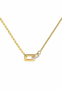 Collar de cadena de oro que presenta un diseño de eslabones rectangulares y un eslabón de tono plateado adornado con pequeños elementos circulares.