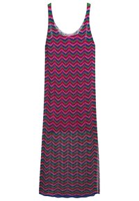 Robe en tricot avec un motif en zigzag coloré dans les tons de rose, vert et bleu. Elle possède des bretelles fines et une coupe décontractée et droite.