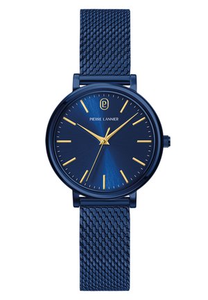 Niebieski zegarek na rękę Pierre Lannier z mosiężnymi wskazówkami i znacznikami godzin, teksturowanym paskiem siateczkowym oraz minimalistycznym designem tarczy.