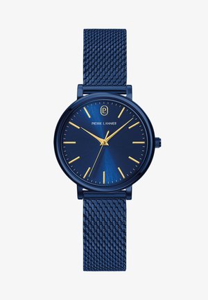 Montre-bracelet Pierre Lannier bleue avec aiguilles et index dorés, bracelet en maille texturée et cadran au design minimaliste.