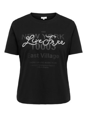 Czarny T-shirt z krótkim rękawem z perłowym napisem "Ly-Bow" na tle wyblakłego tekstu "New York 10003 East Village" oraz szczegółami trasy koncertowej.
