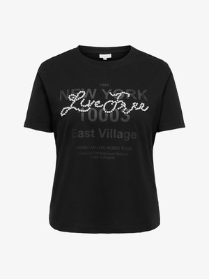 Czarny T-shirt z krótkim rękawem z perłowym napisem "Ly-Bow" na tle wyblakłego tekstu "New York 10003 East Village" oraz szczegółami trasy koncertowej.