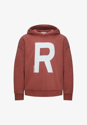 Rote Kapuzenjacke mit einem großen weißen Buchstaben "R" auf der Vorderseite. Mit einer Zugkordel-Haube, gerippten Manschetten und einer lockeren Passform. Hergestellt aus weichem Stoff.