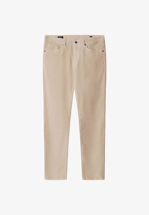 Beige Slim-Fit Cord-Hosen mit vorderem Knopf, Reißverschluss, Gürtelschlaufen und fünf Taschen.