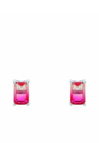 Pendientes de studs de gemas con forma rectangular en degradado rosa, montados en engastes de plata sobre un fondo blanco.