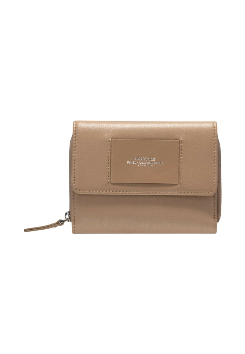 Tan leather wallet with a fold-over flap, zipper detail, and a rectangular label embossed on the front. Smooth texture and minimalist design.