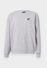 Szürke kapucnis pulóver pamut keverékből, kerek nyakkal. A bal mellen egy kis Mickey Mouse nyomat látható. Hosszú ujjak, laza szabású.