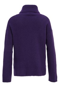 Pull en laine violet à manches longues avec col roulé et ourlet côtelés, vu de dos.