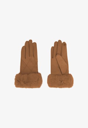 Guanti marroni realizzati in materiale liscio con un polsino in pelliccia morbida. Il guanto sinistro presenta un dettaglio di cucitura a motivo a diamante.