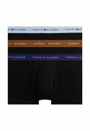 Pack of four boxer shorts featuring a solid black design with different colored elastic waistbands: light blue, brown, and navy blue, all branded.