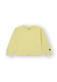 Sudadera de manga larga amarilla claro con puños acanalados y cuello redondo, que presenta un sutil texto en relieve "Mejores Amigos" en la parte frontal.