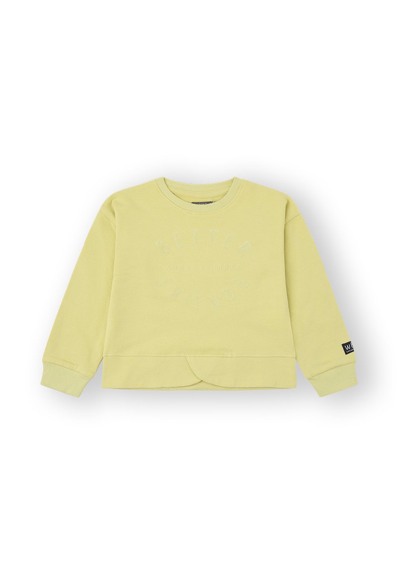 Sudadera de manga larga amarilla claro con puños acanalados y cuello redondo, que presenta un sutil texto en relieve "Mejores Amigos" en la parte frontal.