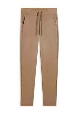 Pantaloni jogging marroni con vita regolabile con cordino, due tasche laterali e gambe affusolate. Tessuto morbido con una texture liscia.