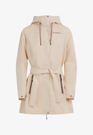 Hellbeiger Regenmantel mit Kapuze, vorderem Reißverschluss, zwei Reißverschlusstaschen, verstellbarem Taillengürtel und Logo auf der Brust.