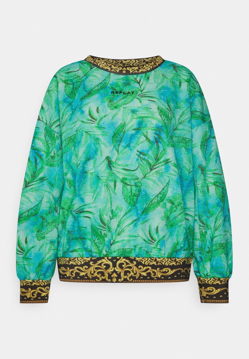 Sweatshirt à manches longues avec motif de feuilles vertes et bleues, col, poignets et ourlet noirs ornés de motifs dorés, et logo « Replay ».