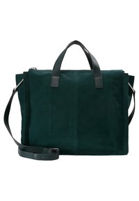 Tummanvihreä mokkinen käsilaukku, jossa on kaksinkertaiset kahvat ja säädettävä olkahihna. Laukussa on sileä pinta ja vetoketjukiinnitys.