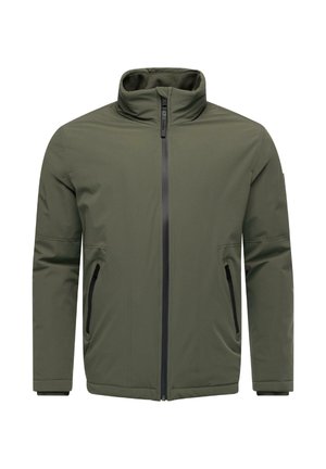 Olive green jacket made of soft, textured fabric with a high collar, front zipper, and two black zippered side pockets.