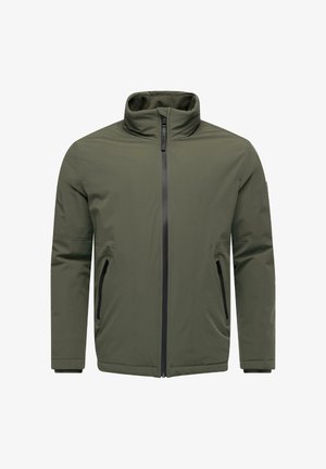 Olíva zöld dzseki puha, textúrált anyagból, magas gallérral, elülső cipzárral és két fekete cipzáros oldalzsebbel.