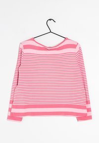 Maglietta a maniche lunghe con strisce orizzontali rosa e rosa chiaro, realizzata in tessuto morbido, con scollatura tonda e vestibilità ampia.