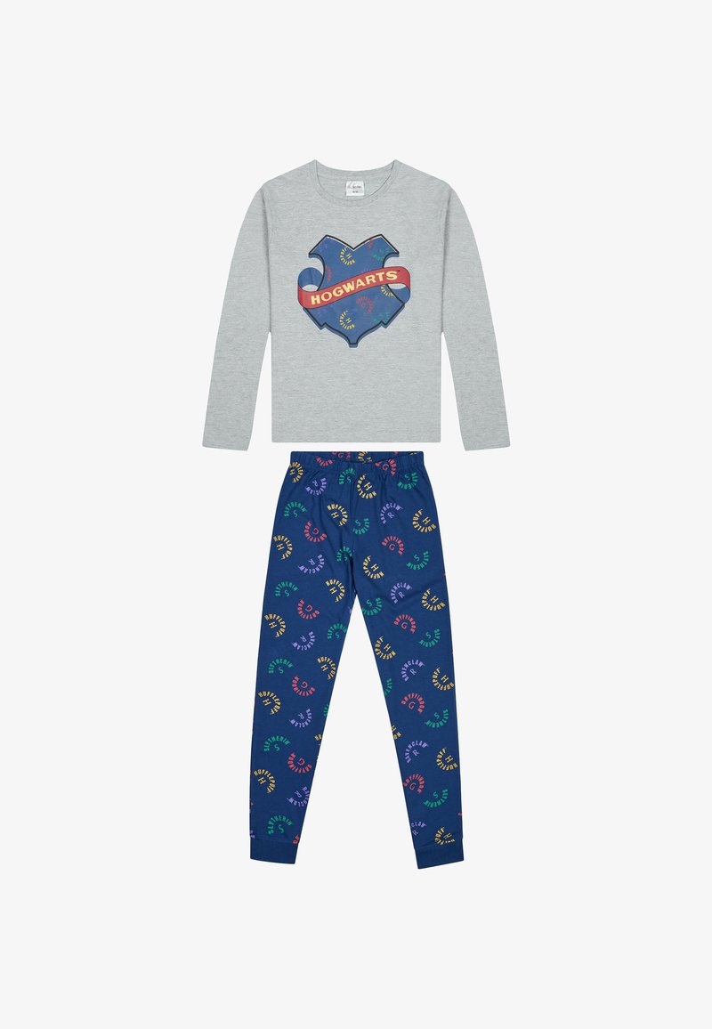 Gray long-sleeve shirt with "HOGWARTS" graphic, paired with navy pants featuring colorful house name patterns. Cotton blend material.