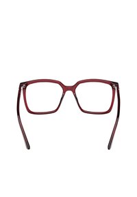 Červené acetátové brýle s hranatým rámečkem, vybavené průhlednými čočkami a úzkými nožičkami, vyznačující se lesklým povrchem a jemným barevným přechodem.