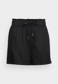 Shorts noirs avec une taille élastique, fermeture par cordon de serrage et ourlets roulés. Fabriqués en tissu lisse avec un léger éclat.