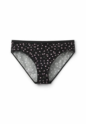 Slip bikini neri con piccola stampa floreale rosa e una fascia in vita nera unita, distesi su uno sfondo bianco.