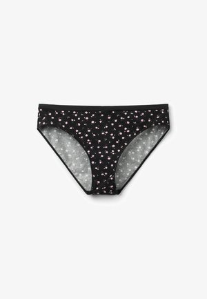 Braguitas de bikini negras con un pequeño estampado floral rosa y una cintura negra lisa, extendidas sobre un fondo blanco.