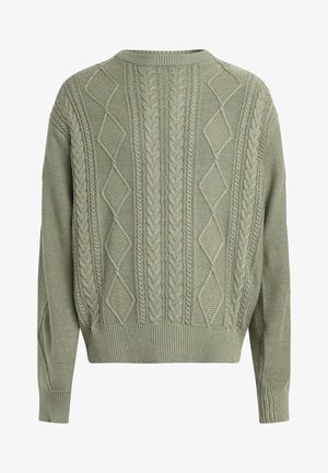 Sweter w kolorze zielonym z splotem warkoczowym i diamentowym, okrągły dekolt, ściągacze u rękawów oraz u dołu, wykonany z materiału plecionego teksturowanym.