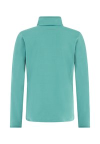 Dlhý rukáv v svetlom teal, s vystuženým golierom a hladkým, elastickým materiálom. Jednoduchý dizajn bez viditeľných ozdôb.