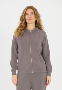 Kapuzensweatshirt mit Reißverschluss aus einem hellgrauen Stoff. Verfügt über einen goldenen Reißverschluss, Kängurutaschen und gerippte Bündchen. Glatte Textur mit lockerer Passform.