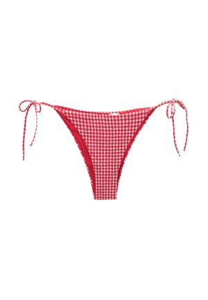 Bas de bikini vichy rouge et blanc avec des liens de chaque côté, présentant un design échancré et une texture lisse. Doublure intérieure pour le confort.