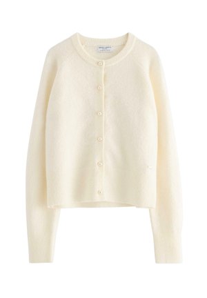 Creme cardigan lavet af blødt strikket materiale, med rund halsudskæring, seks knaplukning foran, samt ribbede manchetter og bund. Subtil logo detalje.
