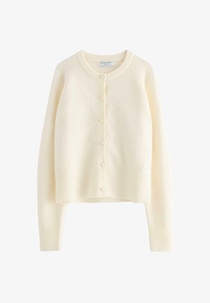 Cardigan crema realizzato in morbido tessuto a maglia, con scollo rotondo, parte anteriore con sei bottoni e polsini e orlo a costine. Dettaglio logo discreto.