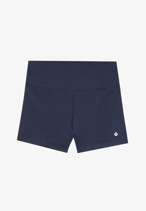 Temno modri kopalni šortsi iz gladkega materiala, brezšivnega dizajna, z elastičnim pasom in majhnim logotipom na spodnjem desnem delu.