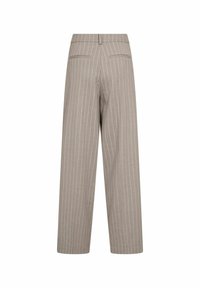 Pantaloni bej cu picioare largi, dungi verticale subțiri albe, talie cu buclă pentru curea și două buzunare cu refilet în spate.