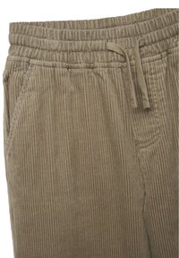 Pantaloni in velluto a coste color marrone chiaro con trama a coste verticali, cintura elastica, cordoncino e tasche laterali.