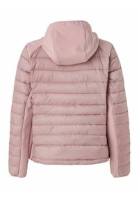 Lichtroze pufferjack met een capuchon, met gequiltte secties, een gladde textuur en elastische manchetten. De achterkant toont geen zichtbare hardware.