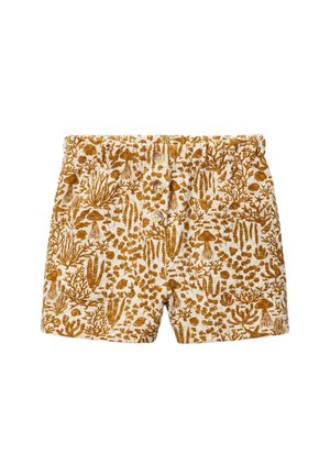 Short beige pour enfants avec taille élastique, fermeture à bouton sur le devant, deux poches, imprimé botanique et champignons marron.