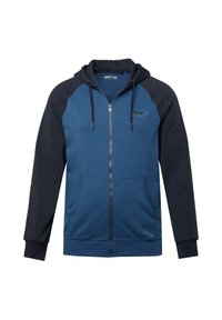 Blauwe zip-up hoodie met donkerblauwe raglanmouwen, twee voorzakken en een capuchon met trekkoord. Heeft een zachte textuur en ribbelmanchetten.