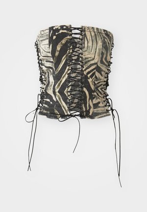Black and beige corset top with a zebra pattern, featuring a lace-up front, metal eyelets, and long black ties on the sides.
