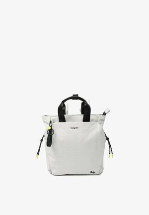 Borsa tote Hedgren grigio chiaro con manici neri, tasca frontale con cerniera, coulisse laterali e piccolo logo nero vicino all'angolo in basso a destra.